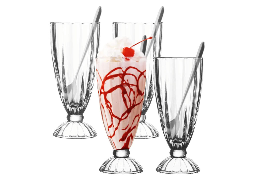 Maxcheck 4 Set 12 oz Milkshake Glass with Long Metal Spoons Clear Ice Cream Soda Glasses Fountain Shoppe Classic Transparent Cup with Long Stainless Steel Spoons for Milk Shake Dessert Ice Cream