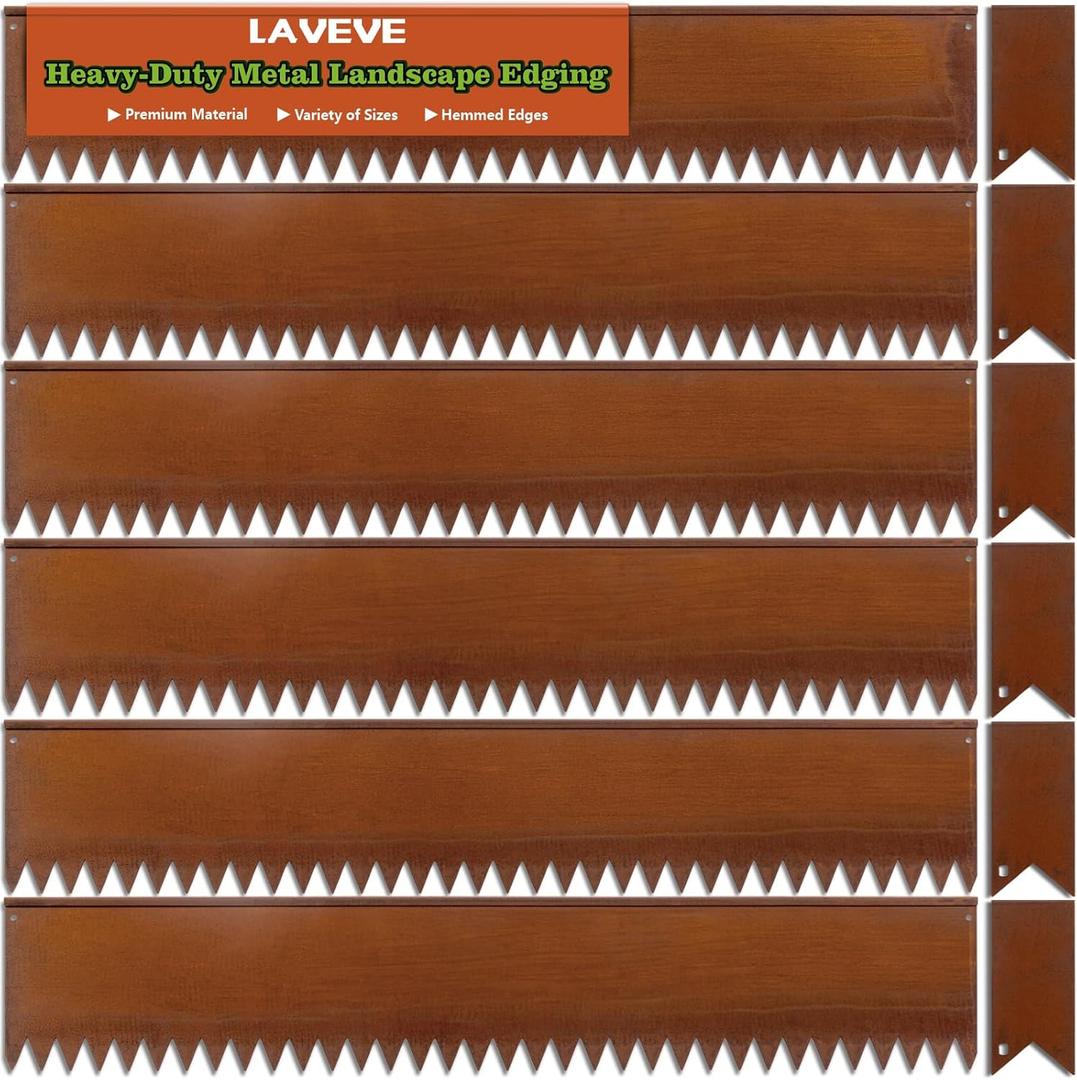 LAVEVE Landscape Edging Pre-Rusted Galvanized Steel, Hammer-in Metal Garden Edging Border with Clips, Suitable for Garden Fence, Paver Edging, Lawn and Yard (40"l X 8"h X 6 Pack, Rusty)