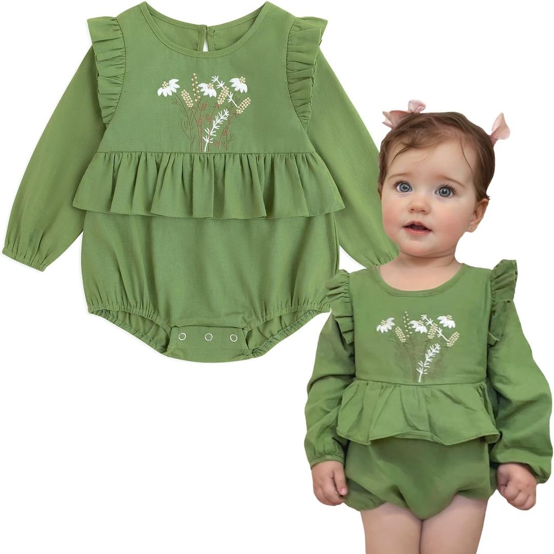 Simplee kids Newborn Baby Girls Rompers Infant Ruffle Long Sleeves Embroidery Bodysuit Outfits (0-3 Months, B-c-olive Green)