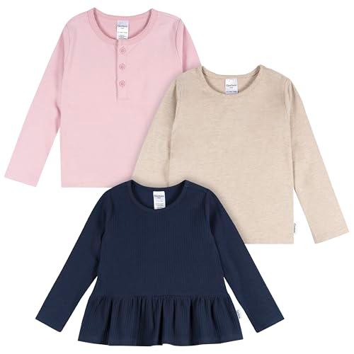 Gerber Toddler Girls' 3-Pack Long Sleeve Shirts, Navy, Oatmeal & Violet, 18 Months