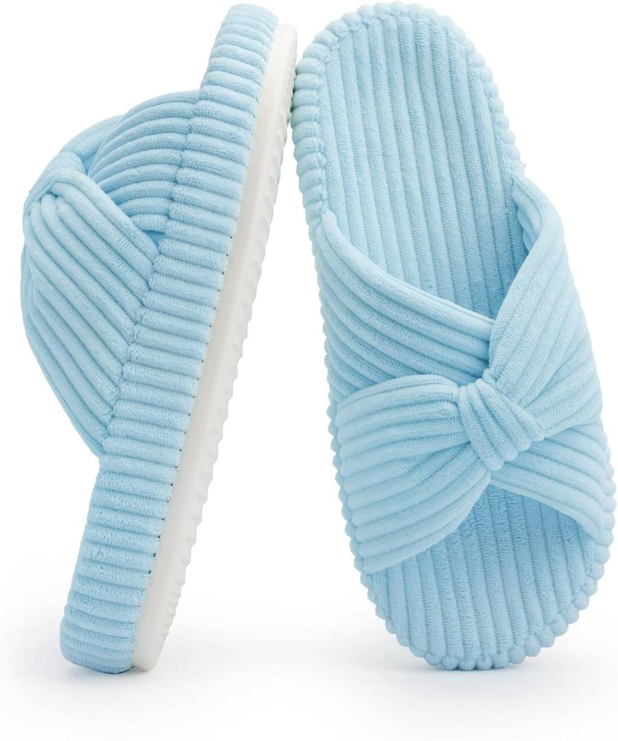 Chantomoo Slippers for Women Memory Foam House Bedroom Corduroy Bow Crossbands Slide Slipper Shoes Comfy Trendy Gift Slippers (9-10, Llight Blue)