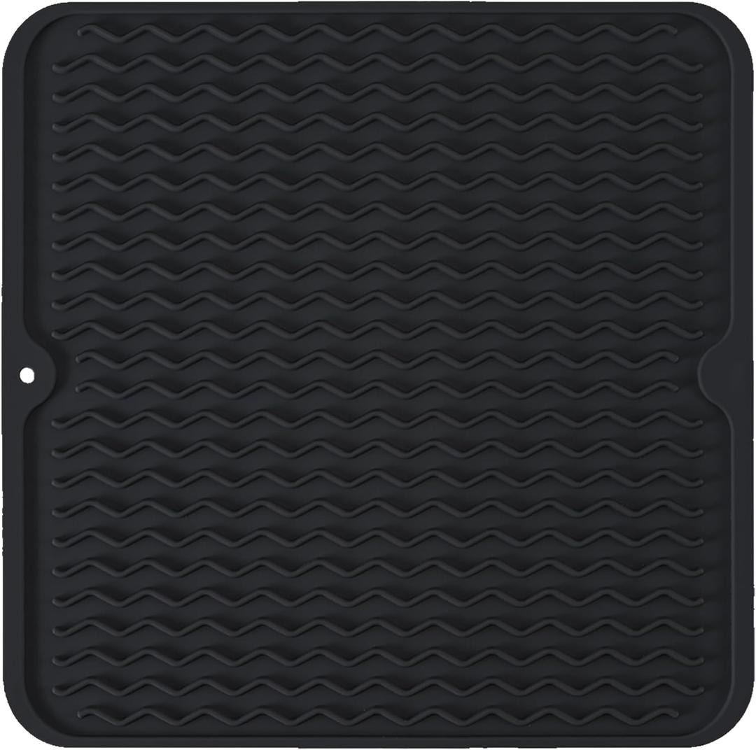 Silicone Dish Drying Mat, Non-Slip Easy Clean Sink Mat Large Heat-resistant Dish Drainer Mat for Kitchen Counter, Sink, Refrigerator or Drawer liner (12" x 12", Black)