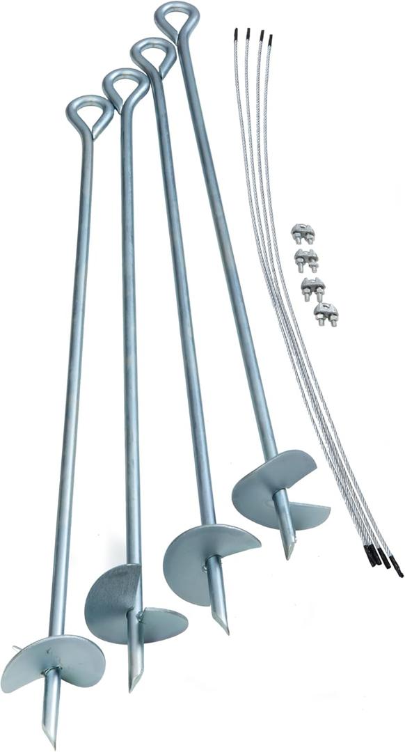 ShelterLogic ShelterAuger 4-Piece 30-Inch Reusable Heavy Duty Steel Earth Auger Anchor Kit with 4 Clamp-on Wire Tie-Downs for Anchoring Shelters, Canopies, and Instant Garages, Silver