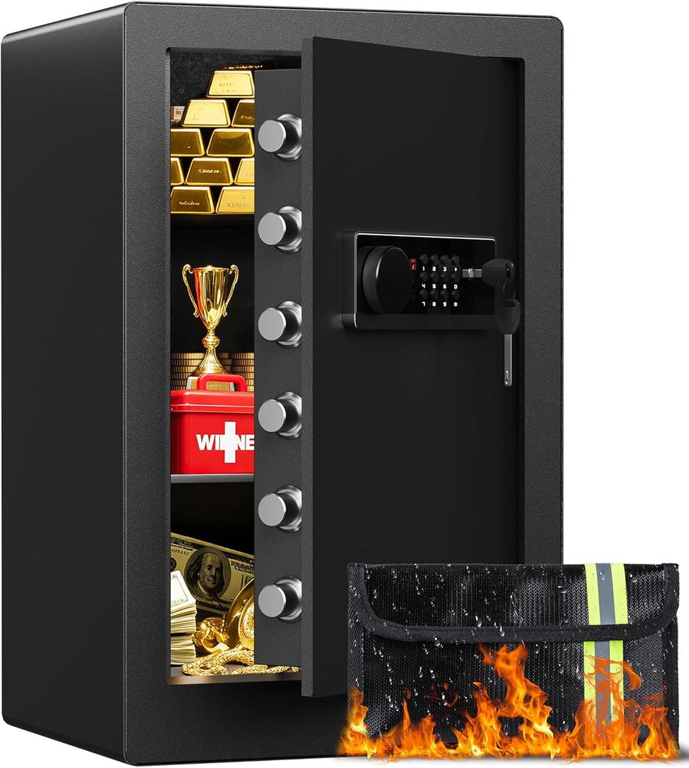 Large Steel Safe Box 3.0 Cuft for Home with LED Light, 6 Locking Bolts Electronic Safe Fireproof with Removable Shelves & Smart Alert, Digital Safe with Fireproof Bag for Document Hotel Office