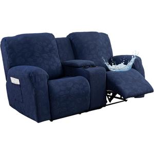 Gennia Waterproof Recliner Loveseat Cover with Console 6 Pieces, Jacquard 2 Seat Recliner Covers with Pockets Stretch Reclining Loveseat Slipcovers Furniture Protector (2 Seat with Console, Navy Blue)