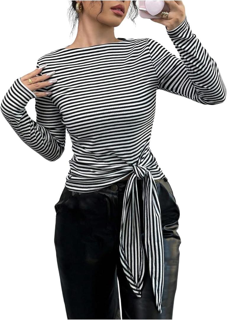 Women's Striped Knot Front T Shirt Long Sleeve Boat Neck Tee Tops Slim Fit Elegant Top