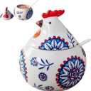 Ceramic Salt Cellar with Lid and Spoon | 13.5OZ Large Chicken Salt Container | Salt Cellar for Countertop | Salt Holder Jar for Counter Cookie Sugar Spices Candies Home Chicken Decor Rooster (Blue)