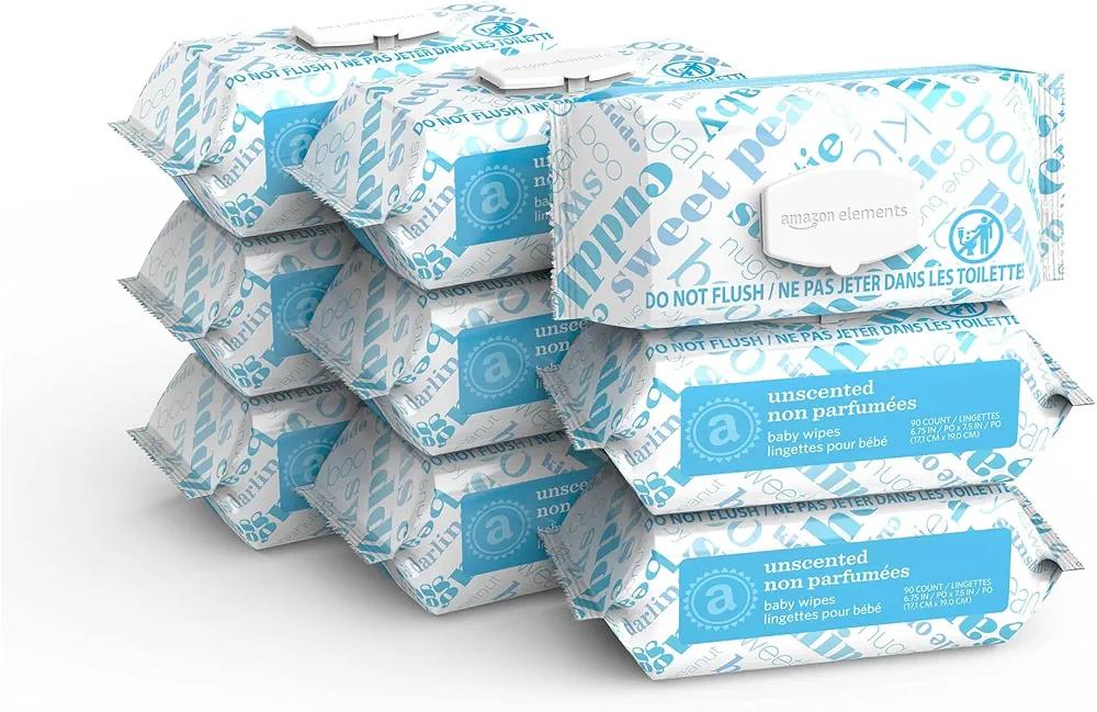 Amazon Elements Baby Wipes, Unscented, Hypoallergenic, Alcohol-Free, With Aloe and Vitamin E, 810 Count, Flip-Top 9 Packs