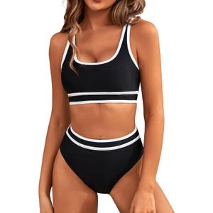 BMJL Women's High Waisted Bikini Sets Sporty Two Piece Swimsuits Color Block Cheeky High Cut Bathing Suits (Black011, Small)