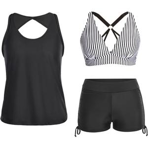 Yonique 3 Piece Tankini Swimsuits for Women Swim Tank Top Bathing Suits with Boy Shorts and Bra Athletic Swimwear (X-Small, Black and Striped)