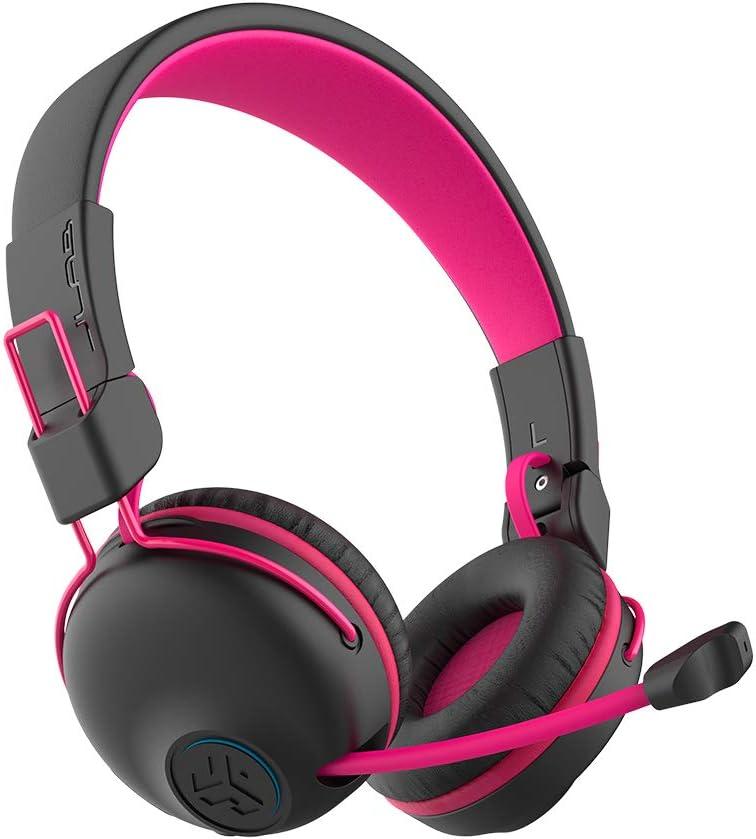 JLab JBuddies Play Gaming Wireless Kids Headset, Pink, 22+ Hour Bluetooth 5 Playtime 60ms Super-Low Latency for Mobile Gameplay, Retractable Boom Mic, AUX Cord Compatible w/Gaming Consoles