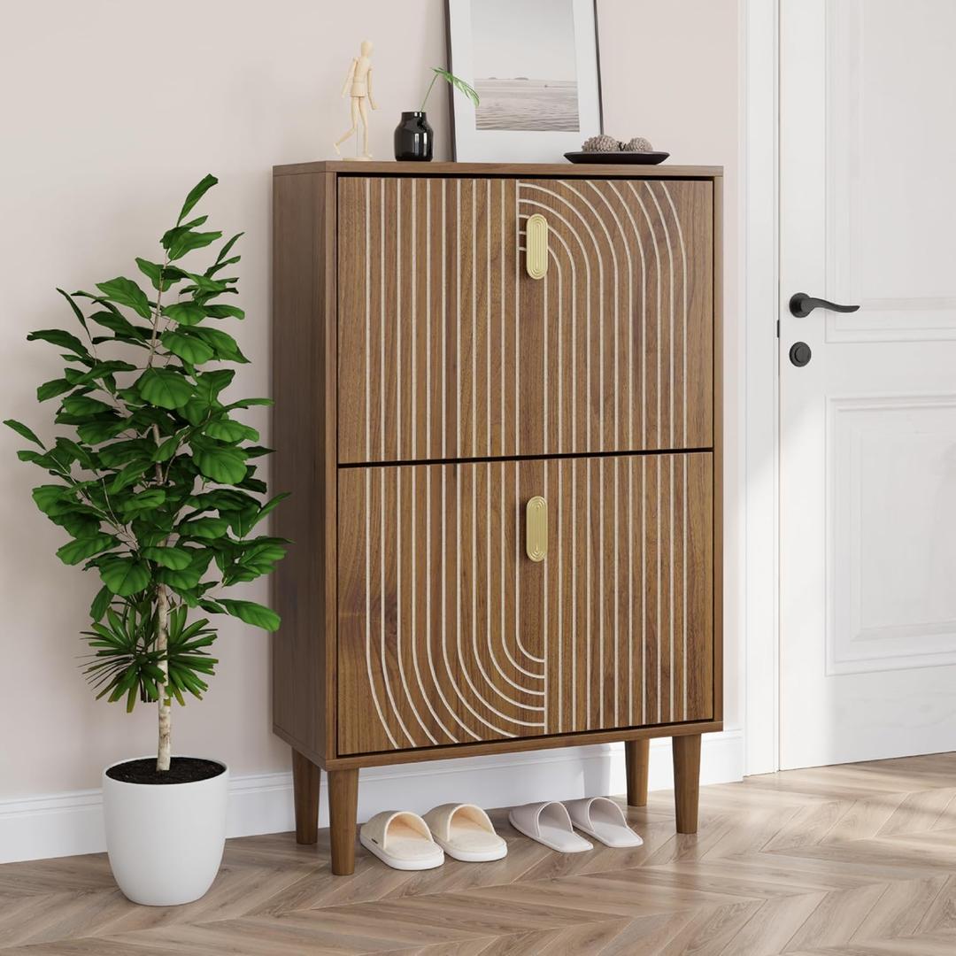 Smuxee Shoe Cabinet with 2 Flip Drawers, 23.6" Walnut Hidden Shoe Storage Cabinet with Line Groove Design, Freestanding Shoe Organizer Cabinet for Entryway, Hallway, Living Room