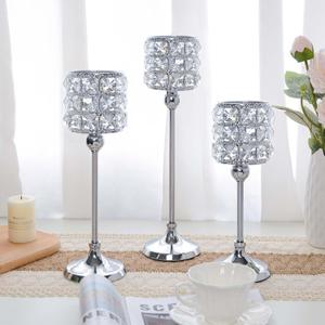 Set of 3 Candle Holders for Wedding Decor, Crystal Candlestick Centerpieces for Table, Tealight Holder for Halloween/Christmas/Party/Wedding Table Decoration (Silver)