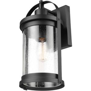 Xavier 1-Light Matte Black Hardwired Outdoor Indoor Wall Lantern Sconce with Seeded Glass Shade