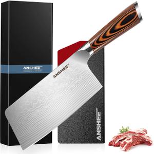 anshee 7 Inch Japanese Chef Cleaver Knife - High Carbon Stainless Steel Ultra Sharp Blade, Multi-Task Meat & Vegetable Chinese Knife with Wood Handle & Gift Box (Sheath Included for Home/Restaurant)