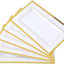 Mwellewm 12 Pcs White Plastic Serving Trays with Gold Rim, 14''x9'' Rectangle Dessert Trays for Dessert Table, Disposable Platters Cookie Cupcake Gold Serving Tray for Birthday Party Wedding