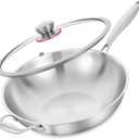 LOLYKITCH 13 Inch Stainless Steel Wok with Glass Lid, Tri-Ply Stir Fry Pan with Detachable Handle, Uncoated Cooking Wok for Induction & Glass, Flat Bottom, SGS Certified Cookware