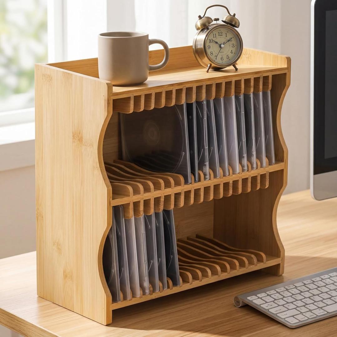 Lyellfe CD Holder Rack, Bamboo CD Rack Organizer with Rubber Feet, DVD Display Shelf for Movie Cases, DVDs, Cassette Tape, Holds up to 32 CD Cases