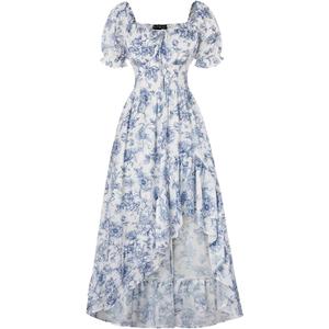 Scarlet Darkness Corset Dresses for Women Summer 2026 Floral Wedding Guest Chiffon Sundress (Medium, Blue Line Floral)
