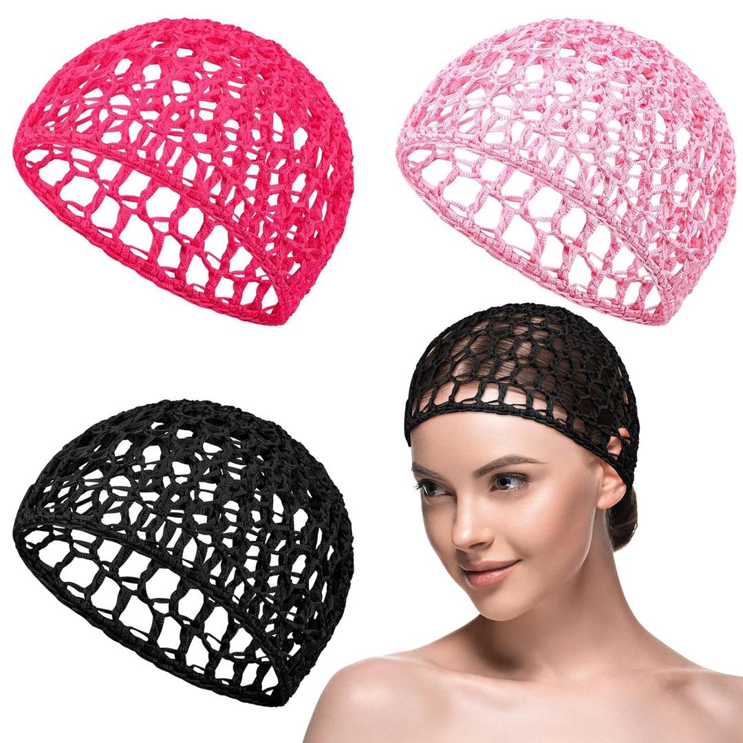 Suncalla 3 Pieces Hair Wrap Net for Sleeping Mesh Crochet Hair Net for Women Rayon Knit Snood Cap Cover Sleep Hat (Black, Pink, Rose Red)