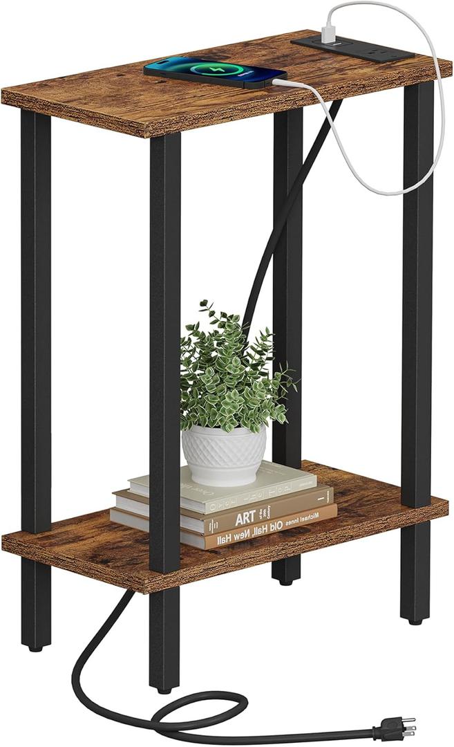 TUTOTAK Small End Table with Charging Station, Narrow Side Table with USB Ports and Outlets, Skinny Sofa Table, Slim Nightstand, Living Room, Bed Room, Brown TB01BB060 (2-tier)