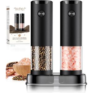 Electric Salt and Pepper Grinder Set Automatic Battery Pepper Mill Shakers Adjustable Coarseness Upgraded Larger Capacity with Led Home and Kitchen Appliances for New House Warming Gifts (Black/Black)