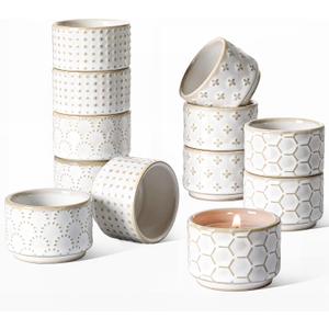 LE TAUCI Tealight Candle Holder, Embossed Ceramic Votive Candle Holders Bulk for Thanksgiving,Christmas, Wedding Table Centerpiece Decor, Set of 12, Arctic White