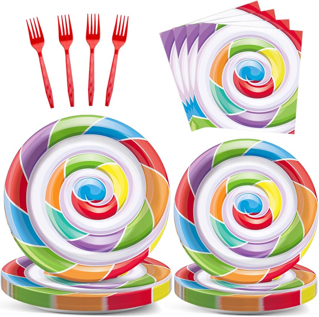 96pcs Candy World Party Supplies for 24 Guests Sweet Candy Tableware Set Lollipop Plates Napkins Dinnerware Table Decorations for Birthday Pink Donut Party Favors