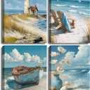 Danseed 4Pcs Blue Coastal Canvas Wall Art Ocean Bathroom Wall Decor Pictures Lighthouse Boat Chair Flower Painting for Bedroom Bathroom Home Office Decoration (10L"x8W")