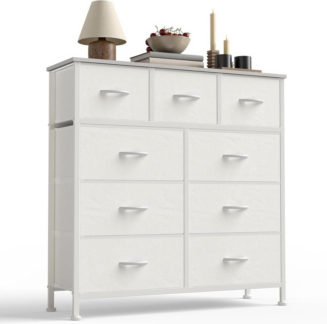 Sweetcrispy 9-Drawer Fabric Dresser Storage Tower with Wood Top and Steel Frame, Organizer Chest with Easy Pull Handles for Bedroom, Closet, Hallway,Pure White