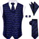 Mens Suit Vest 4PC Silk Paisley Vest with Necktie Pocket Square Cufflinks Formal Woven Waistcoat for Suit Tuxedo (Blue Black Floral)
