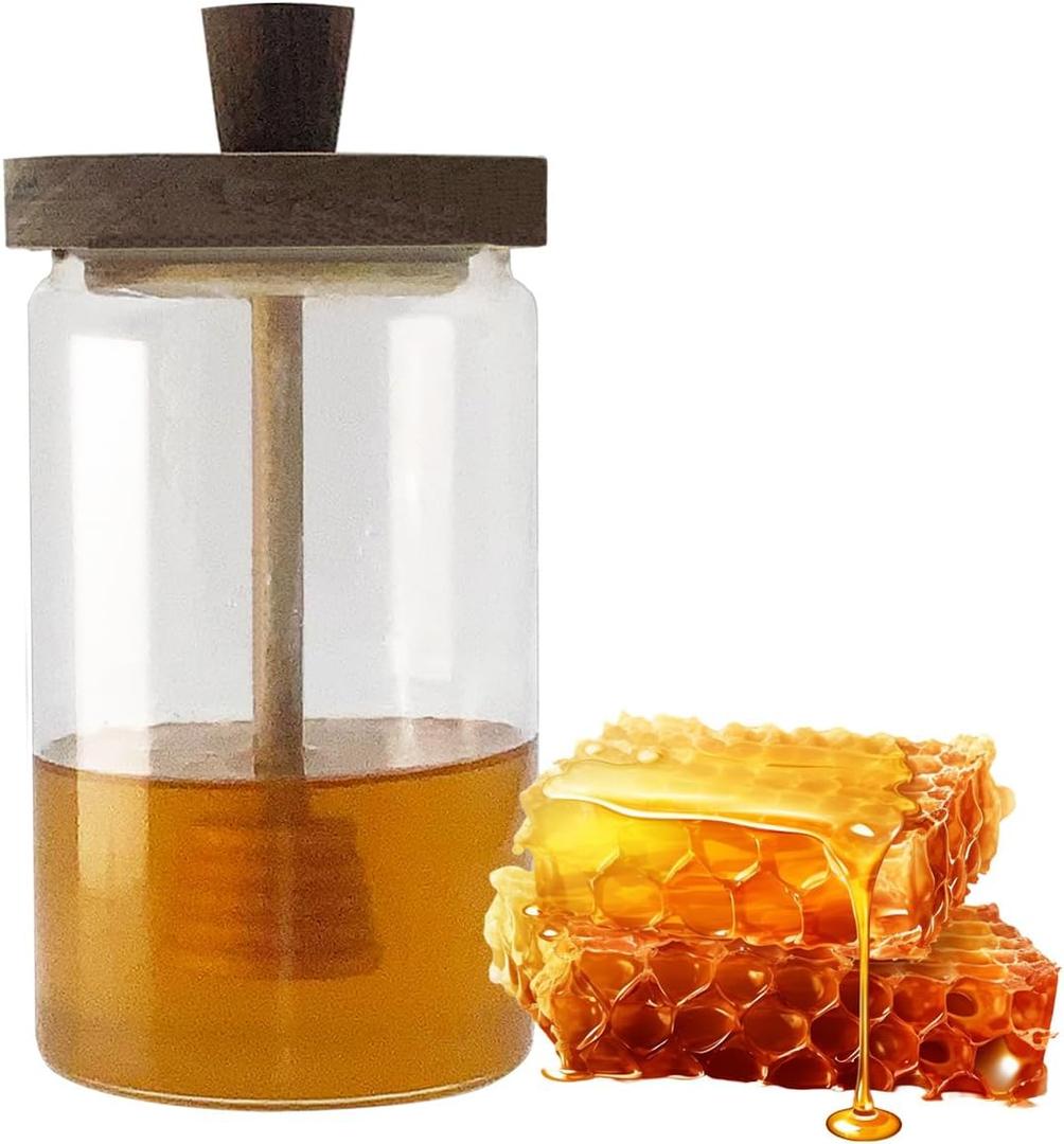 24 oz Glass Honey Jar with Wooden Dipper & Lid - Airtight Honey Pot, Wide Mouth Syrup Dispenser, No Drip Container for Home KitchenClear Honey Container for Home Kitchen