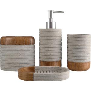 Hymmah Bathroom Accessories Set,Toothbrush Holder,Farmhouse Bathroom Decor,4 Pcs Resin Gift Set Apartment Necessities, Contain Toothbrush Cup,Soap Dispenser,Soap Dish,Tumbler (Cross Stripe Gray)