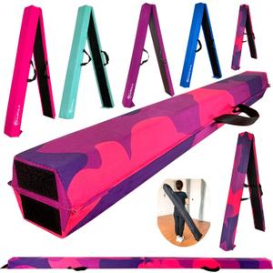 9 FT Folding Gymnastics Beam Foam Balance Floor Beam - Extra Firm - Suede Cover - Anti Slip Bottom with Carry Bag for Kids/Adults Home Use (PinkPurple-Camo)