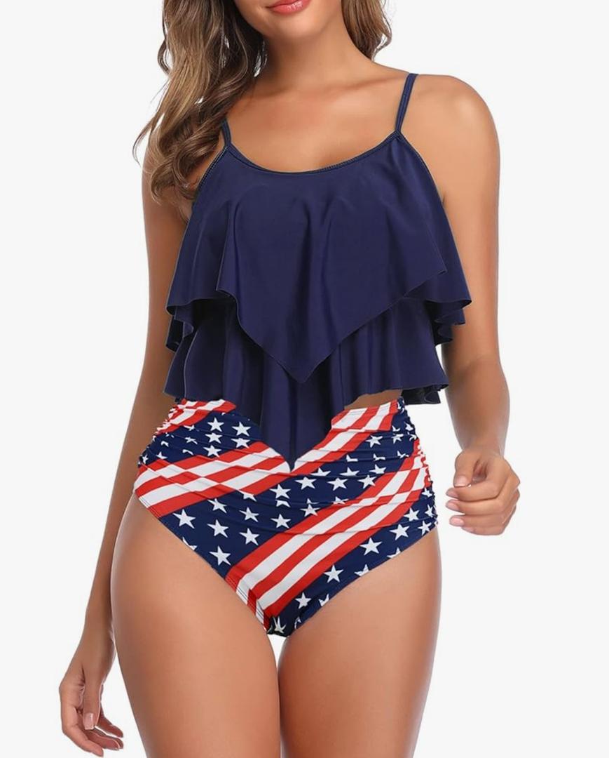 American Trends High Waisted Tankini Swimsuits for Women Flounce Top Tummy Control Bathing Suits, Small