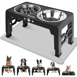 Jovrun Elevated Dog Bowls for Medium Size Dogs with Mat, Non-Slip Dog Feeder with 1*Stainless Steel Dishes & 1*Slow Feeder Bowl, 5 Heights Adjustable Raised Bowls for 3.15″-8.66″-9.84″-11.02″-12.2″