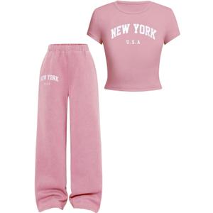 RoseSeek Girl's 2 Piece Summer Outfits Letter Graphic Tees and Wide Leg Baggy Pants Set Casual Cute Clothes (Pink)