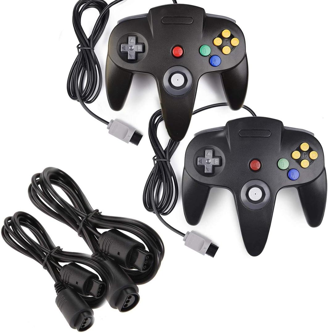 2 Pack Classic N64 Controllers (Black) Bundle with 2 Pack 6FT N64 Controller Extension Cable