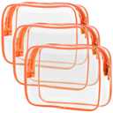 PACKISM Clear Makeup Bag with Zipper, 3 Pack TSA Approved Toiletry Bag, Beauty Cosmetic Bag, Quart Size Travel Bag, Carry-on Airport Airline Compliant Bag, Orange (Medium)