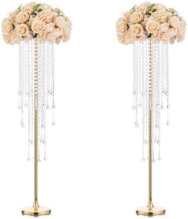 Tall Vases Wedding Centerpieces for Tables - 39.4" Gold Flower Vase with Chandelier Crystal, Centerpiece Table Decorations, Metal Flower Stand for Wedding, Reception, Party, Events, Home Décor, 2 Pcs