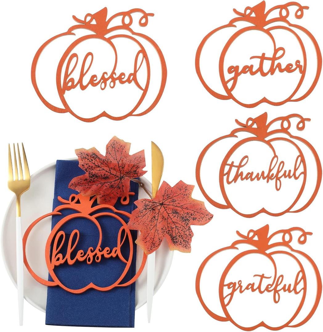 12 Pcs Thanksgiving Wooden Grateful Plates Decor Thanksgiving Table Decor Pumpkin Wood Cutout Place Cards Sign Place Setting Thankful Blessed Sign for Farmhouse Home