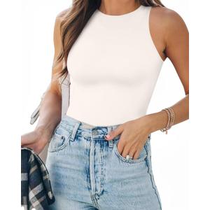 MANGOPOP Women's Tank Top Body Suits Sexy Crew Neck Racerback Halter Ribbed Sleeveless Long Sleeve Bodysuit Going Out Tops (Medium, 01-Sleeveless White)