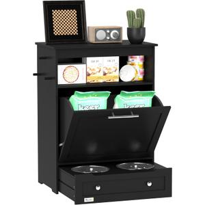 PawHut Dog Feeding Station with Storage, Pet Feeder Cabinet Container with Raised Bowls and Hanger for Feeding & Watering Supplies, Dog Food Organizer, Black