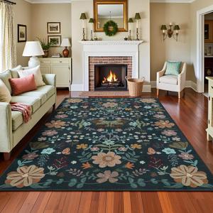 Terrug 5x7 Dark Green Floral Area Rug for Living Room,Boho Machine Washable Ultra-Thin Rugs with Non-Slip Blacking for Bedroom,Large Flower Carpet for Dining Room Playroom Floor Decor