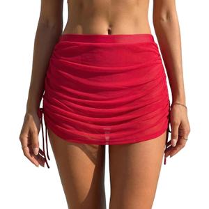 Leoparts Women’s Mesh Swim Skirt High Waisted Tummy Control Swimsuit Bottoms Ruched Drawstring Bathing Suit Bottom (Red, XL)