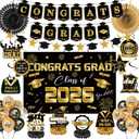 Graduation Decorations 2026 Black and Gold Party Decor Includes Congrats Grad Banner, Class of 2026 Backdrop, Paper Fan Honeycomb Centerpieces Balloons Complete Party Supplies for College High School