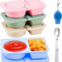 4 Pack Silicone Reusable Snack Containers with Lids, Double Compartment Snack Containers with Foldable Fork, Small Size for Sauce Containers, Travel, School, Office & Picnic