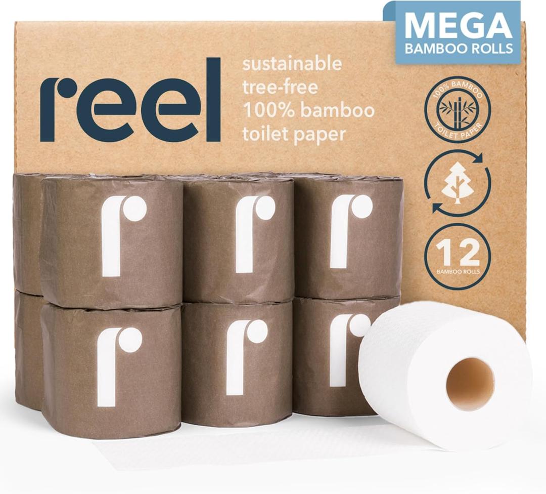 Reel Premium Bamboo Toilet Paper - 12 Rolls of Toilet Paper - 3-Ply Made From Tree-Free - Zero Plastic Packaging, Septic Safe
