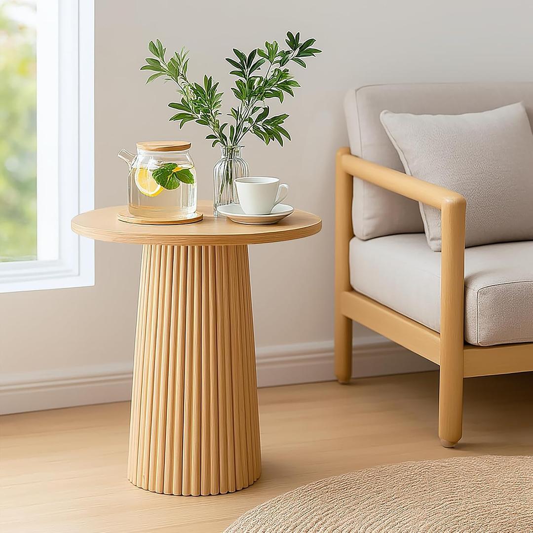 Fluted Round Side Table, Boho Accent End Tables Small Rattan Modern Bedside Table, Indoor Plant Stand, Rustic End Tables for Living Room Bedroom Office Balcony, Wood Color, 15.7*15.7*18.1 inches