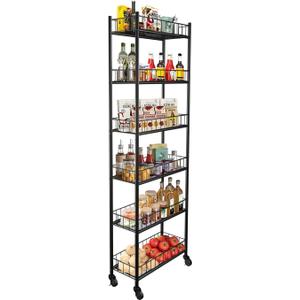 Utility Slim Storage Cart,6 Tier Narrow Kitchen Storage Cart,Laundry Room Carts,for Kitchen,DiningRoom,Living Room,Home Office,Rustic Brown and Classic (6 Tier Black)